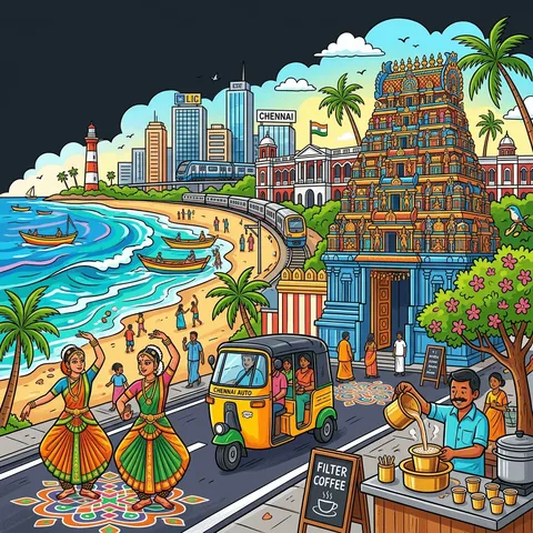 Chennai — Marina Beach, auto-rickshaw, Bharatanatyam dancers, filter coffee, Kapaleeshwarar Temple