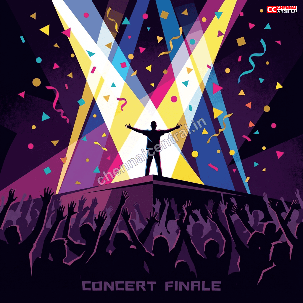 Concert finale celebration with confetti and dramatic lighting showing emotional peak moment at Karthik Live Chennai performance