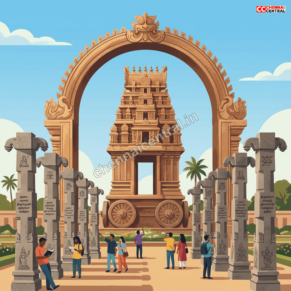 Valluvar Kottam monument dedicated to Tamil poet Thiruvalluvar with inscribed granite pillars