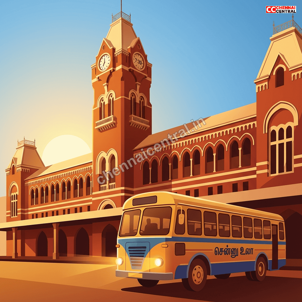 Chennai Central Railway Station red-brick Victorian architecture with Chennai Ula bus at starting point
