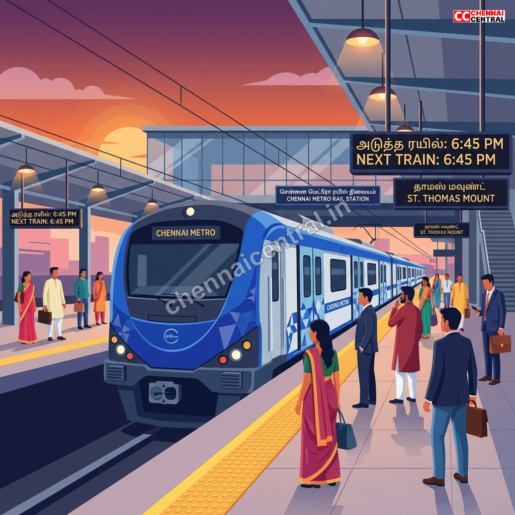 Chennai Metro train at station platform showing recommended transport option for Karthik concert at YMCA Grounds Nandanam