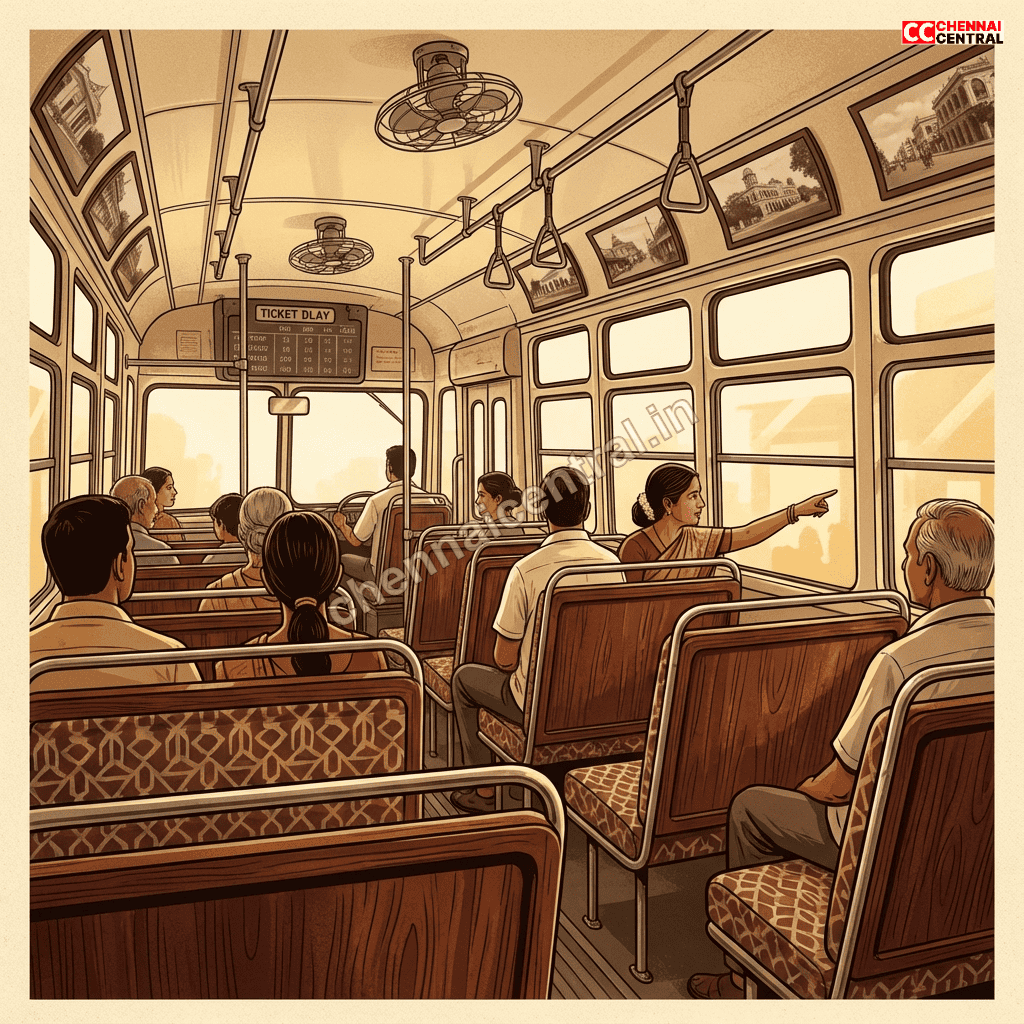 Chennai Ula bus inside view showing vintage wooden-style interior with old Madras photo frames and passengers