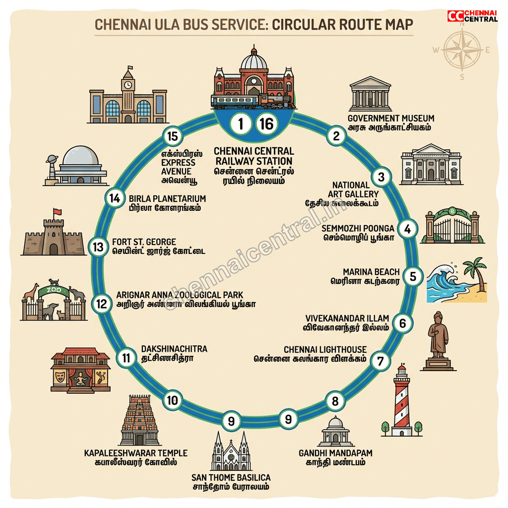 Chennai Ula bus route map showing circular path connecting 16 heritage landmarks from Chennai Central