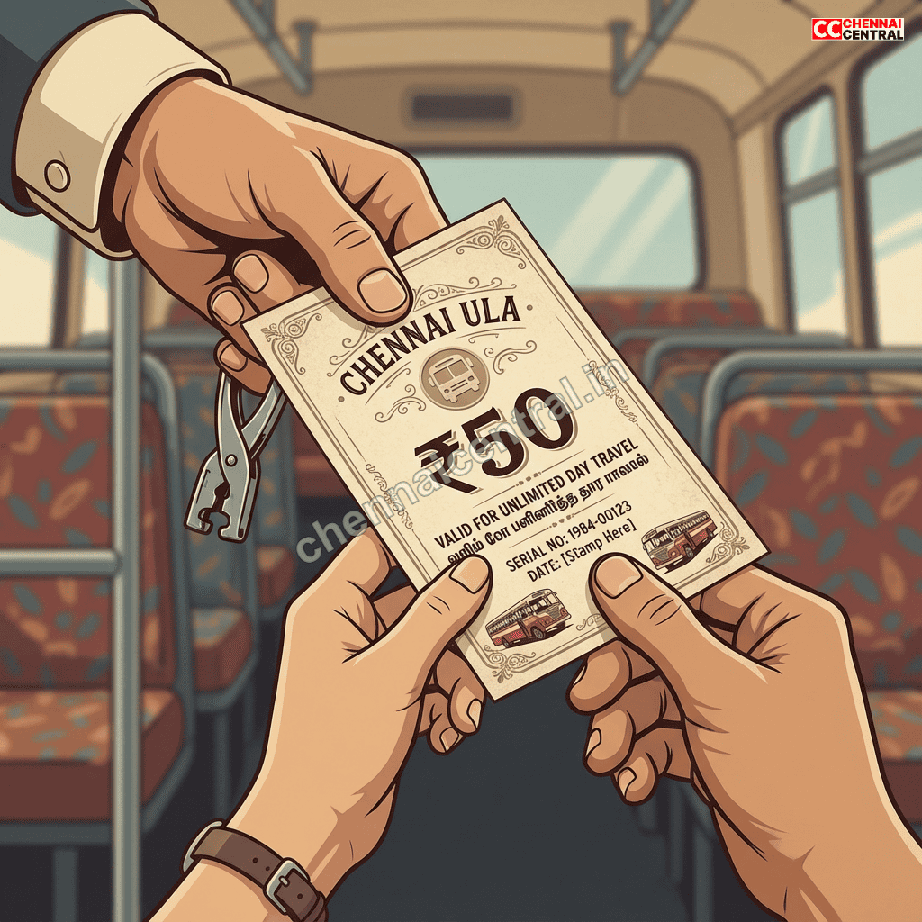 Chennai Ula bus ticket showing 50 rupees price with unlimited day travel validity