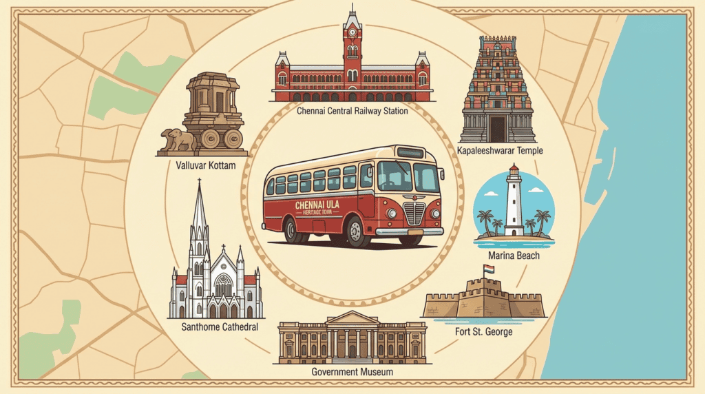Chennai Ula vintage bus surrounded by heritage landmarks including temples lighthouse fort museum and beach representing complete tour experience
