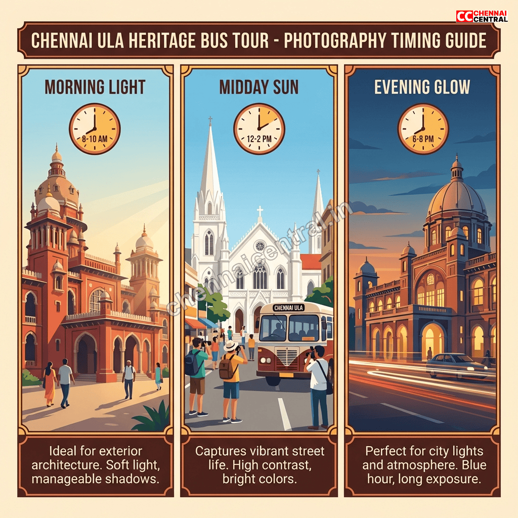 Chennai heritage landmarks photography timing showing morning museum midday cathedral and sunset beach views