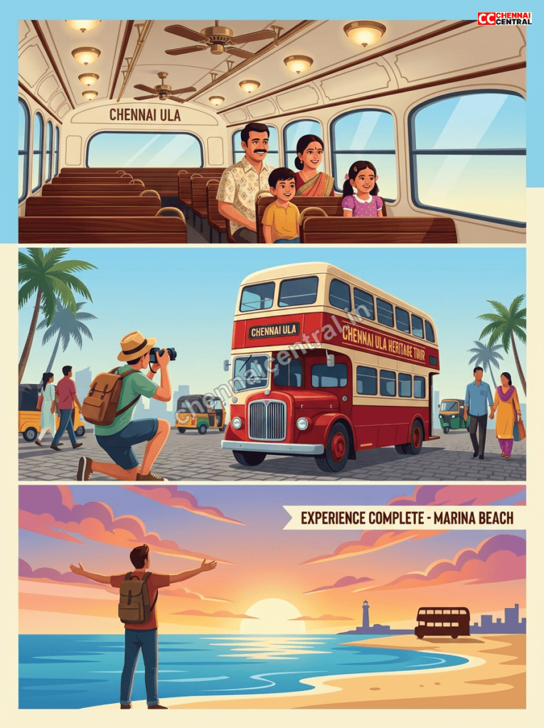 Chennai Ula positive visitor experiences showing family inside vintage bus tourist photos and completed heritage tour