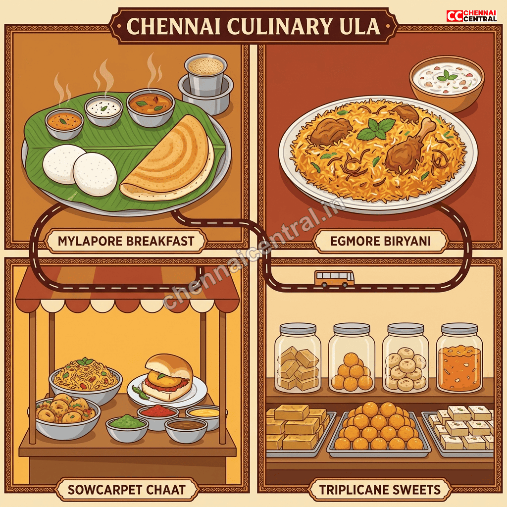 Chennai Ula route food options including Mylapore breakfast Marina Beach street food and filter coffee