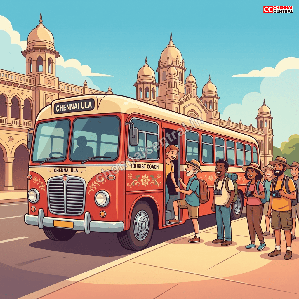 Chennai Ula vintage tourist bus with red and cream exterior at Chennai Central Railway Station starting point