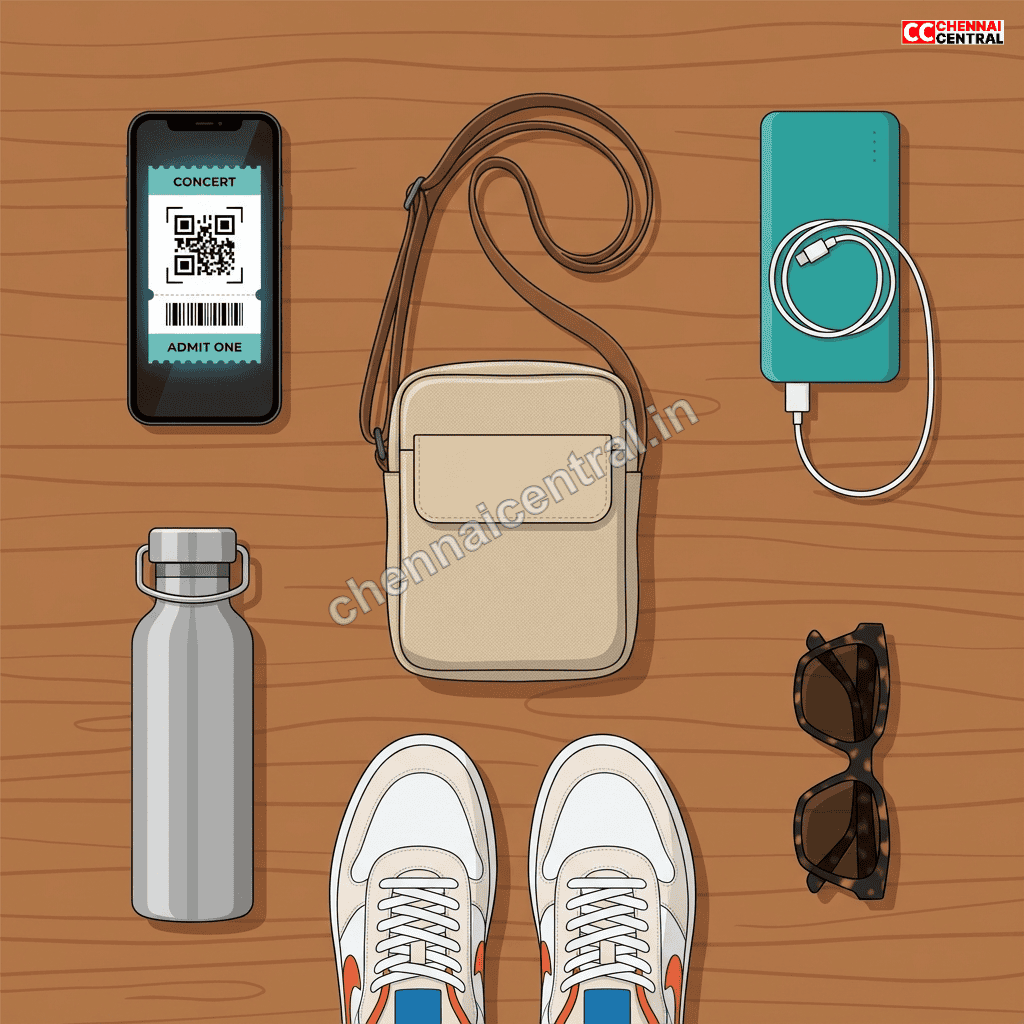 Flat lay of concert essentials including phone power bank comfortable shoes and small bag for Karthik Live Chennai preparation