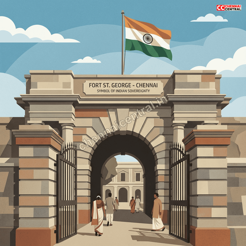 Fort St. George entrance gateway with Indian flag on flagstaff and colonial fortification walls in Chennai