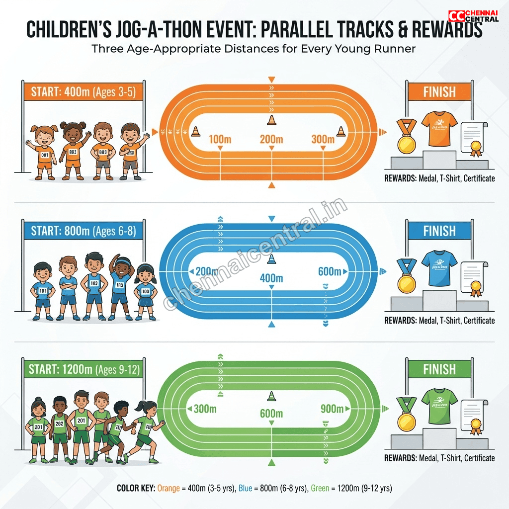 Children participating in a kids jogathon at Chennai carnival with parents cheering and carnival attractions in the background