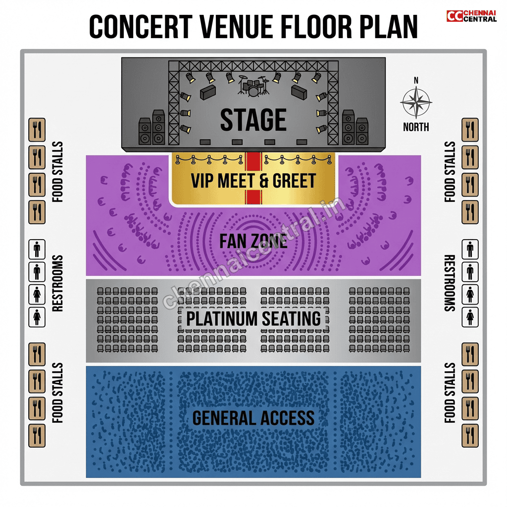 Diagram showing seating layout for Karthik Live Concert Chennai with Fan Zone Platinum and General Access sections labeled