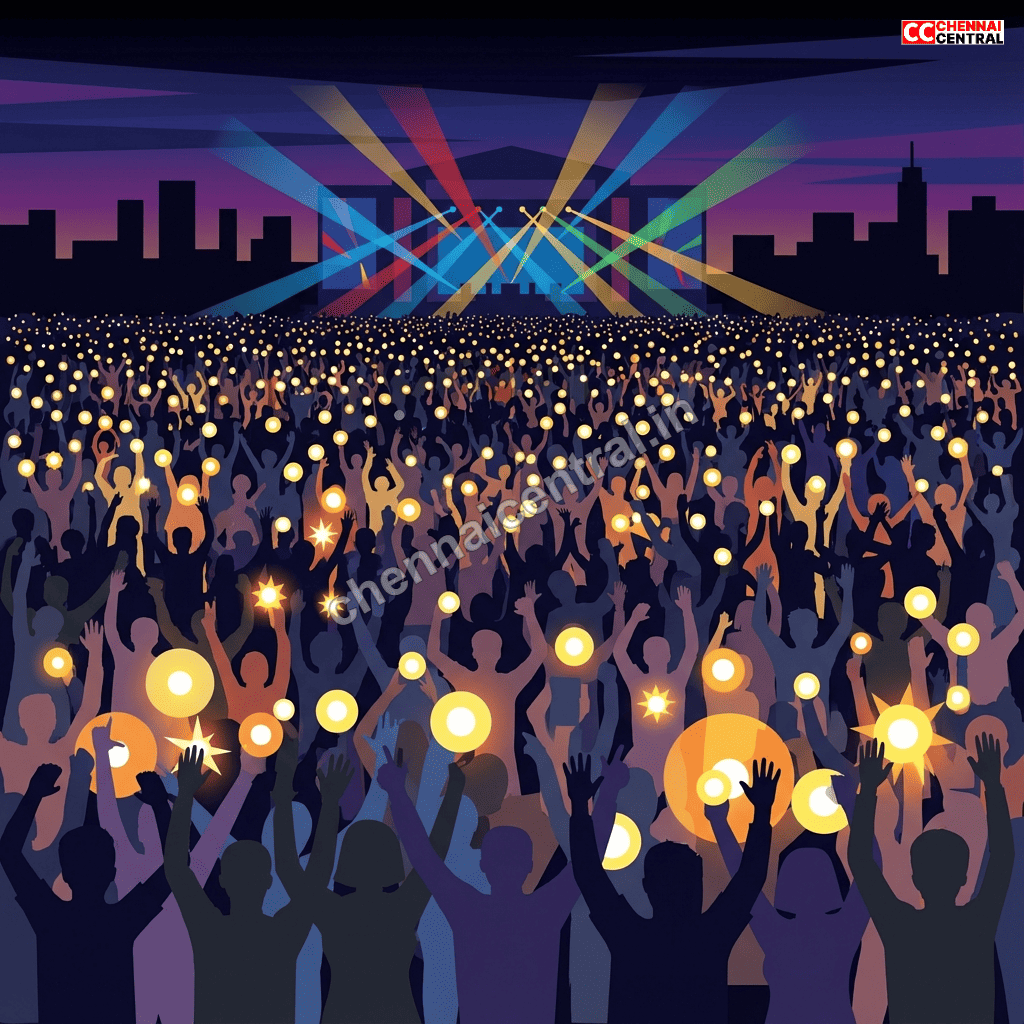 Concert crowd with raised phone flashlights during emotional song at Karthik Live performance showing audience participation