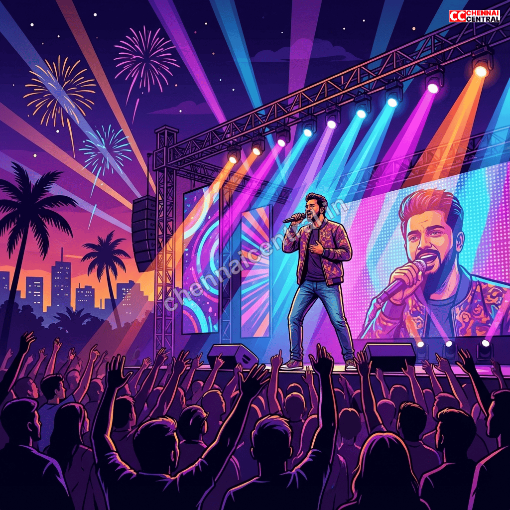Karthik singer performing live on stage at an outdoor concert in Chennai with excited crowd and colorful stage lighting

