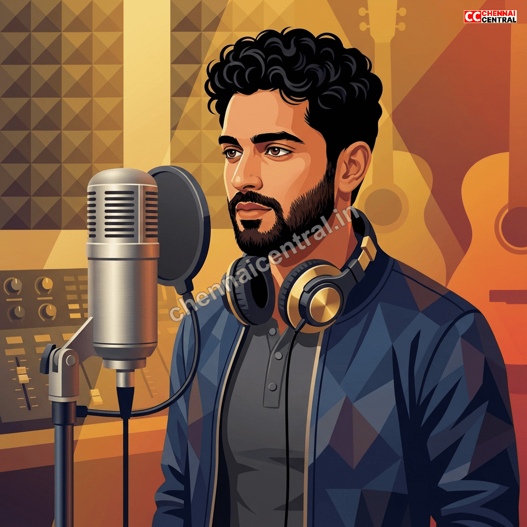 Indian playback singer in professional recording studio setting representing Karthik musical career and artistry