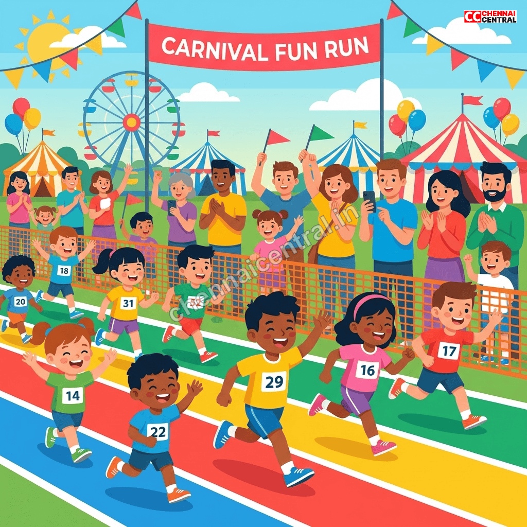 Children participating in a kids jogathon at Chennai carnival with parents cheering and carnival attractions in the background