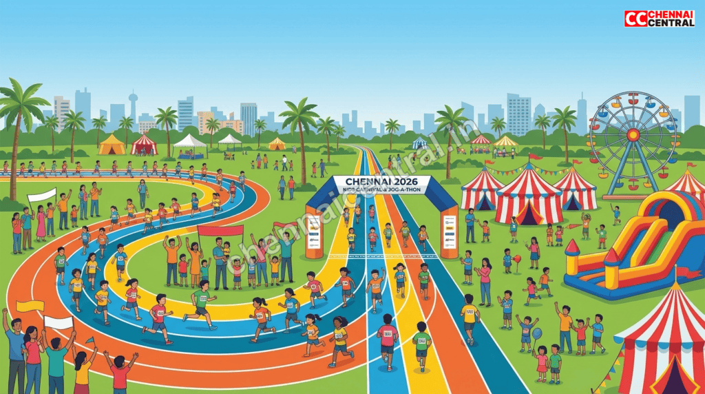 Panoramic view of Kids Carnival and Jog-A-thon event at Express Avenue Mall Chennai showing running track, carnival area, and families