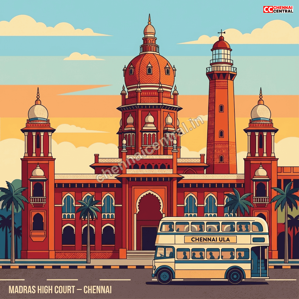 Madras High Court red-brick Indo-Saracenic building with dome and tower on Chennai Ula bus route