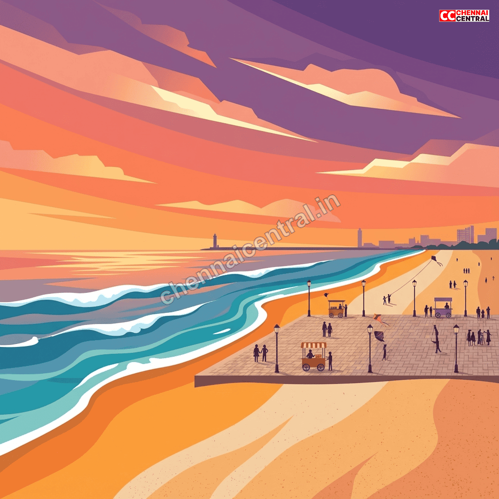 Marina Beach Chennai evening scene with food stalls promenade visitors and sunset over Bay of Bengal