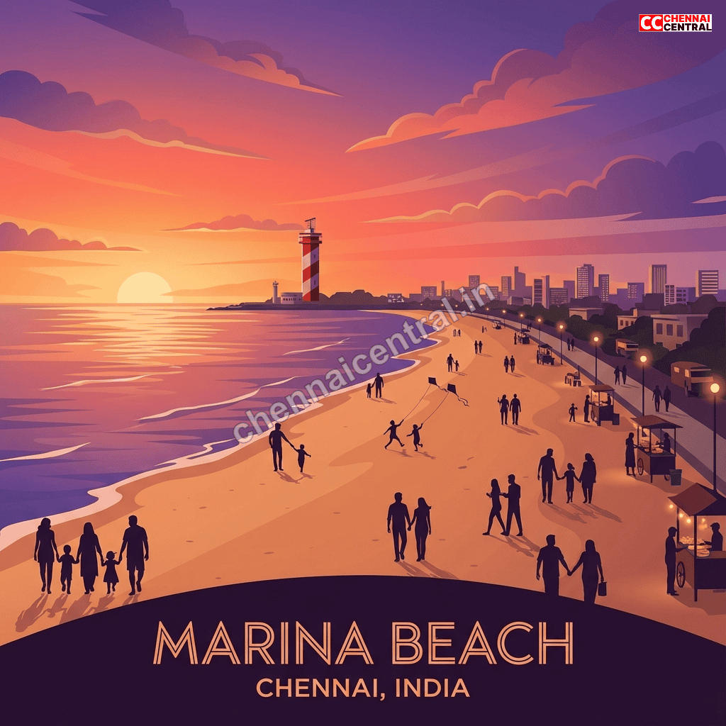 Marina Beach Chennai panoramic sunset view with lighthouse and evening food stalls along promenade