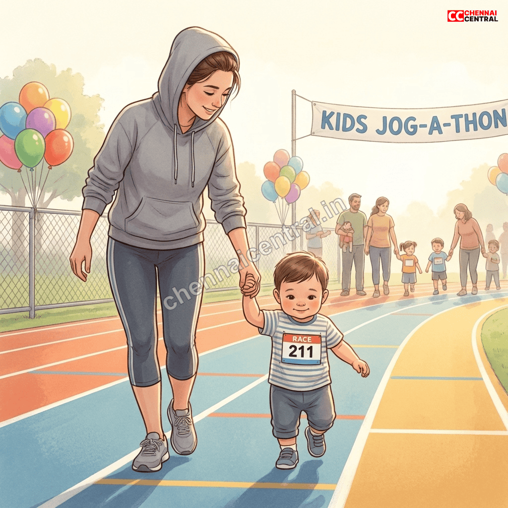  Parent holding toddler's hand during kids jogathon in Chennai, showing safe and supportive running environment