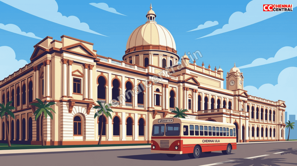 Ripon Building Indo-Saracenic architecture with Chennai Ula heritage bus passing in front