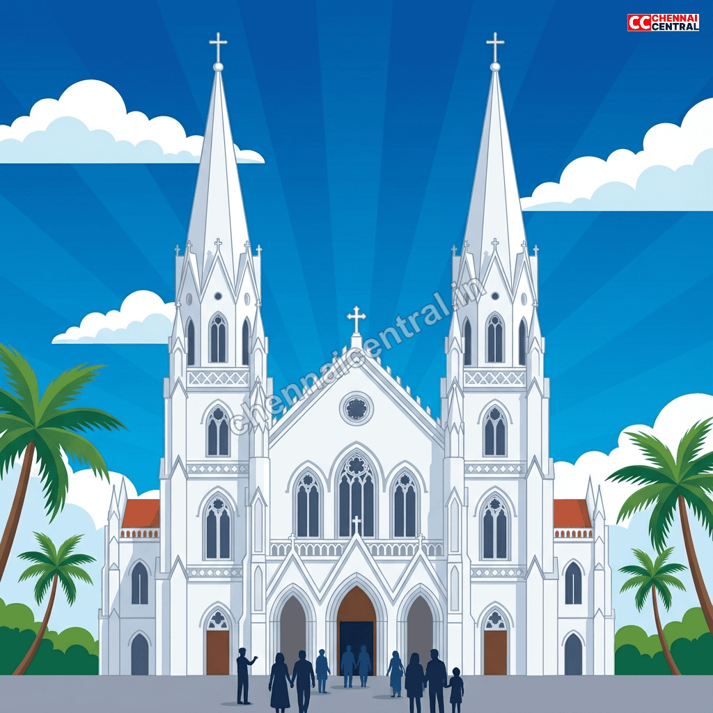Santhome Cathedral Basilica white Gothic Revival church with twin spires in Chennai