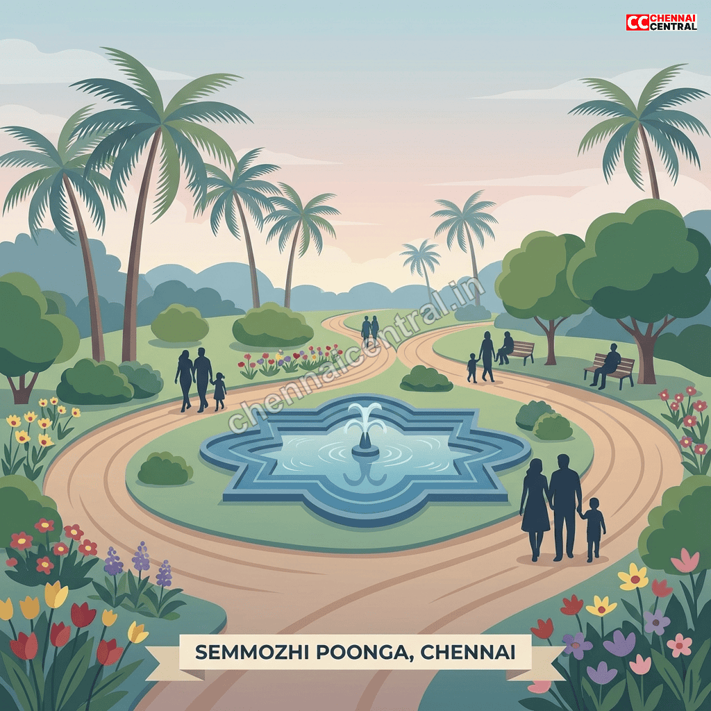 Semmozhi Poonga botanical garden Chennai with walking paths water features and flowering plants
