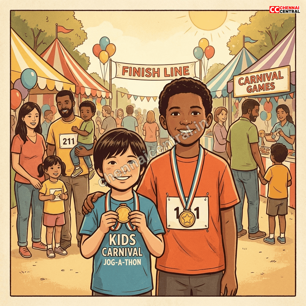 Two siblings of different ages displaying their finisher medals at Chennai kids carnival with proud parents