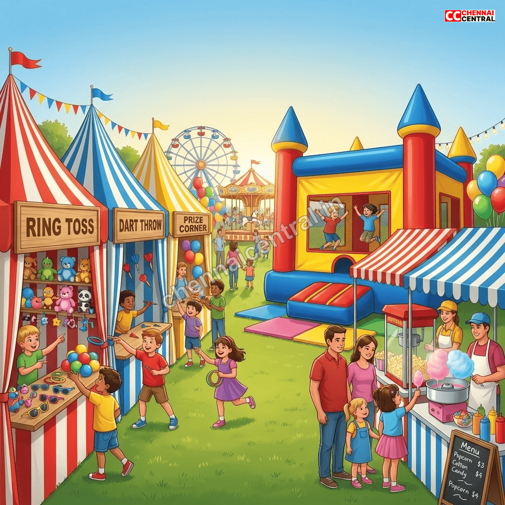 Toca Boca Kids Carnival Chennai with bounce houses, game stalls, food vendors, and families enjoying various activities