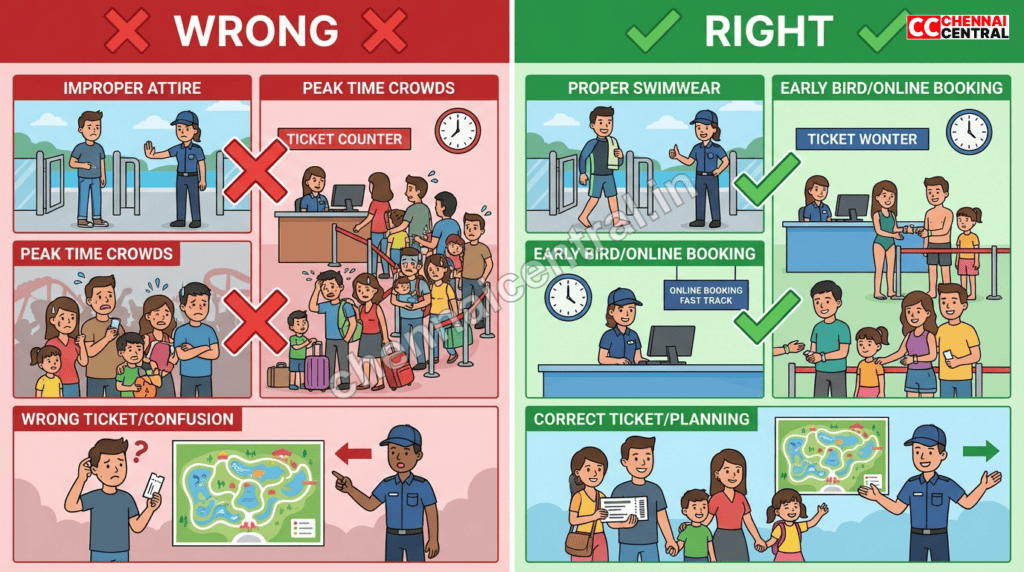 Comparison image showing common mistakes to avoid at VGP Republic Day visit and correct approaches

