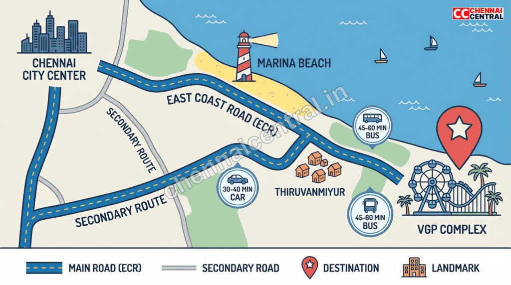  Map showing route to VGP Universal Kingdom on East Coast Road from Chennai city with transportation options