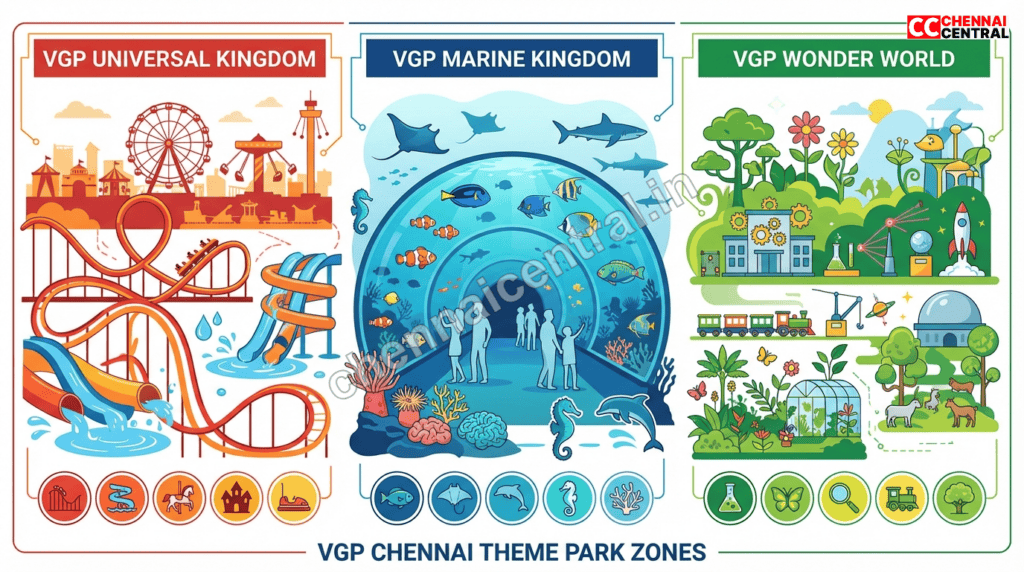 Infographic comparing VGP Universal Kingdom amusement park, Marine Kingdom aquarium, and Wonder World adventure zone attractions
