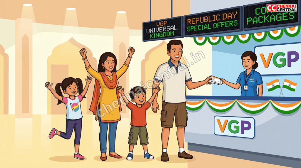 Family purchasing VGP combo tickets at the booking counter with Republic Day festive decorations