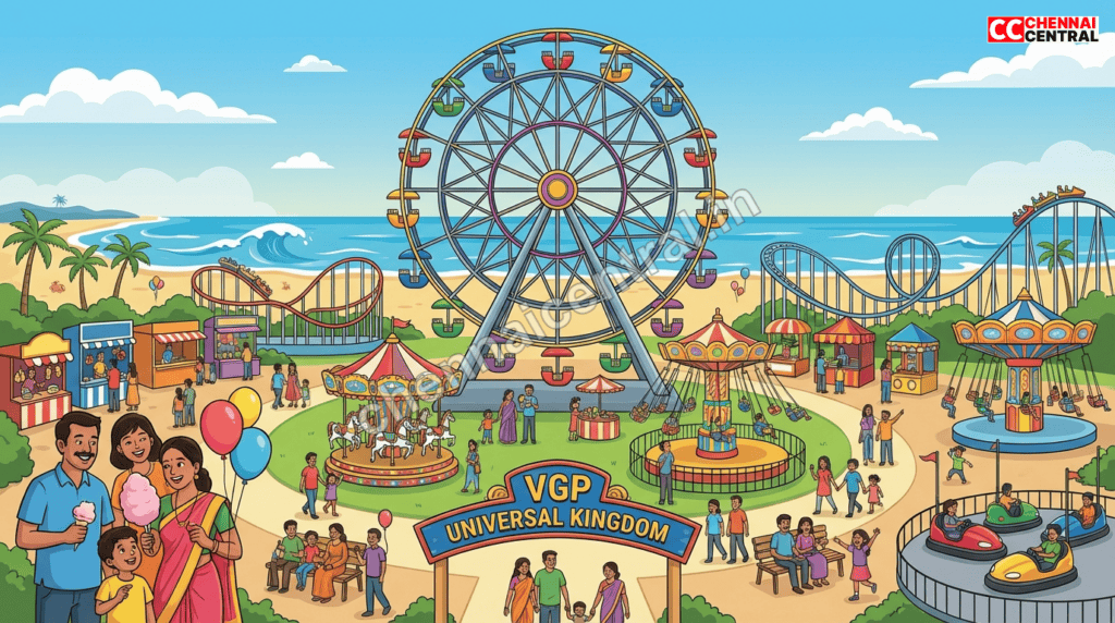  VGP Universal Kingdom Ferris Wheel with beach view and families enjoying amusement park rides