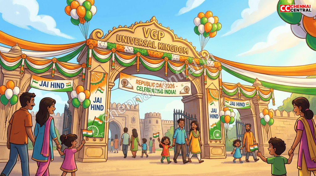 VGP Wonder World entrance decorated with tricolor Republic Day festive decorations and families entering the park