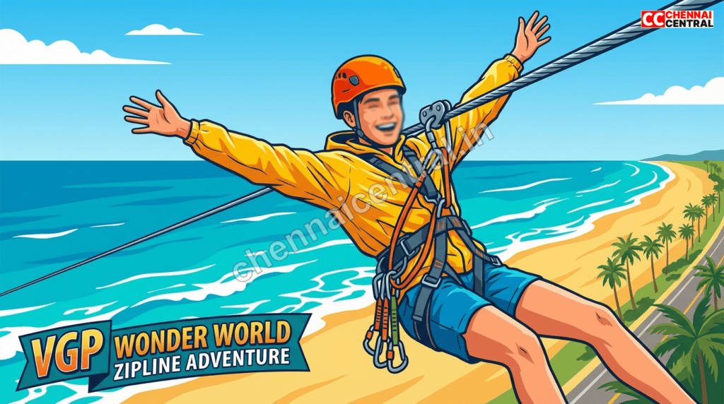 Visitor enjoying VGP Wonder World zipline adventure with Chennai coastline visible below
