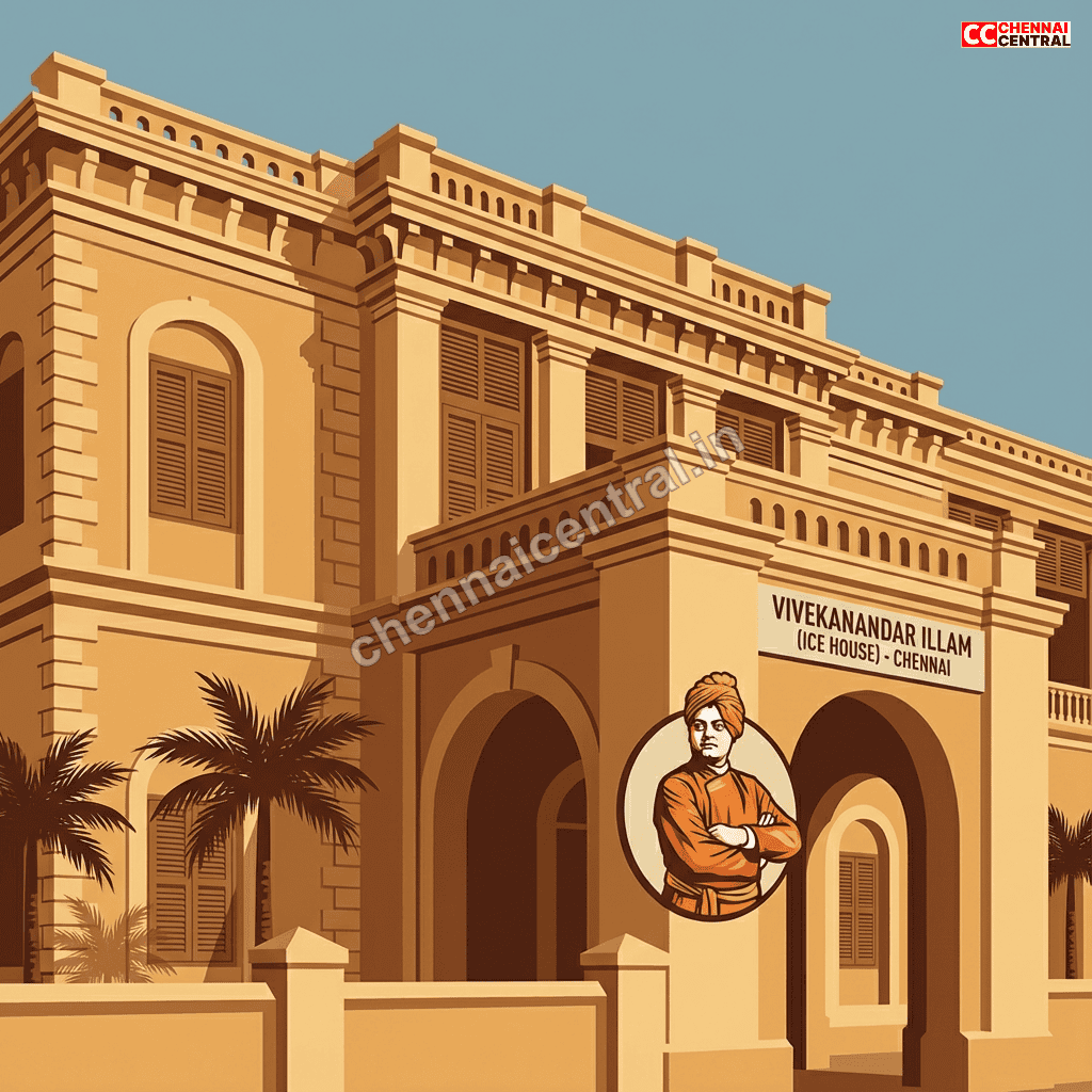 Vivekanandar Illam Ice House museum exterior with Swami Vivekananda memorial in Chennai