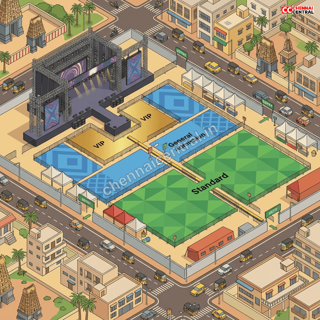 Aerial view of YMCA Grounds Nandanam Chennai showing concert venue layout with stage and crowd sections